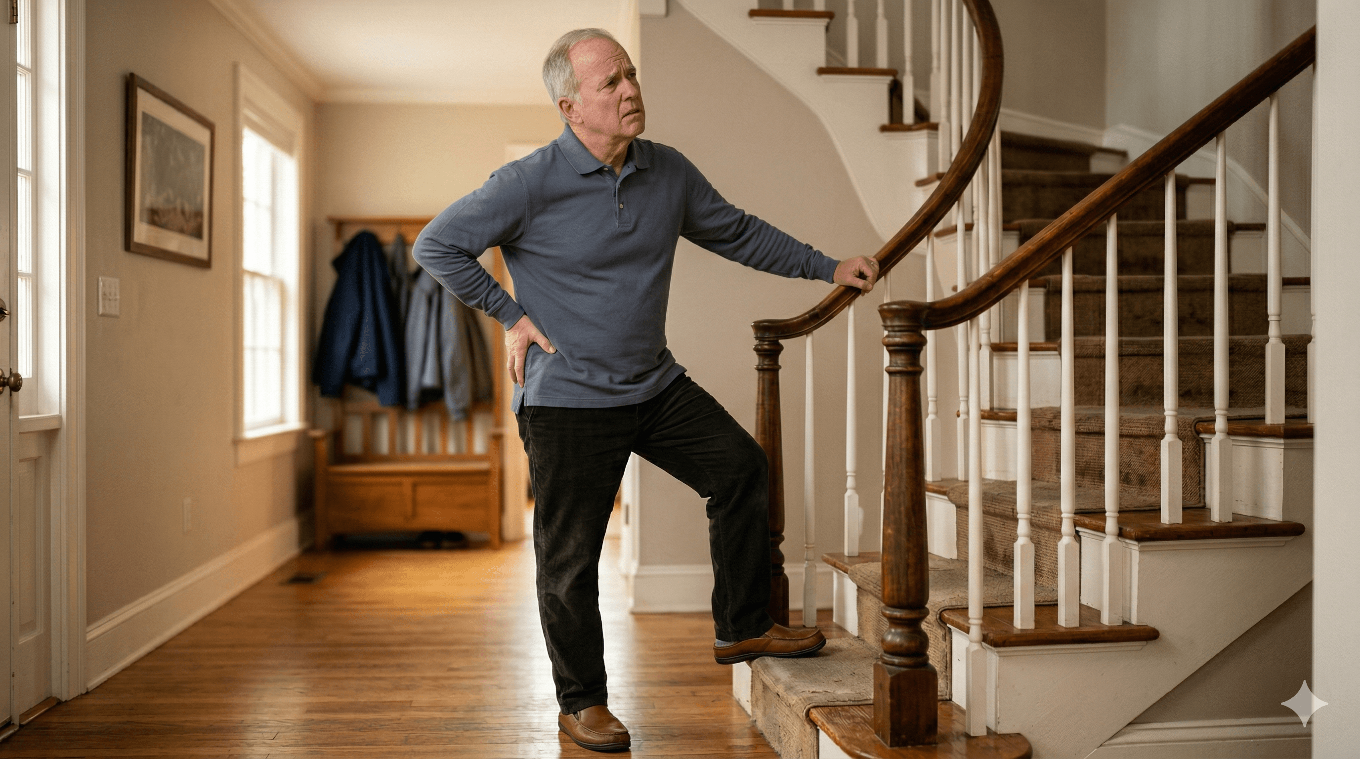 Hip pain at the bottom of a staircase